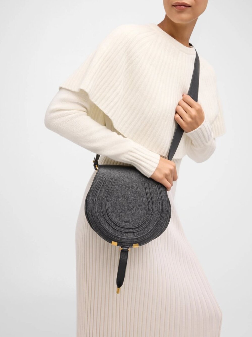 Chloe Marcie Medium Slim Crossbody Bag in Grained Calfskin - Black